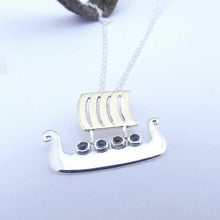 Load image into Gallery viewer, Viking Boat Pendant, Sterling Silver Pendant set with Iolite, Viking Compass Jewellery, Ship Necklace, Nautical Pendant, Sea Voyage Jewelry, Boat Lover Gift, Sailor Gift, Nordic Pendant