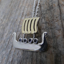Load image into Gallery viewer, Viking Boat Pendant, Sterling Silver Pendant set with Iolite, Viking Compass Jewellery, Ship Necklace, Nautical Pendant, Sea Voyage Jewelry, Boat Lover Gift, Sailor Gift, Nordic Pendant