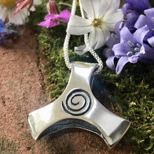 Load image into Gallery viewer, Imbolc Brigid Triple Deity Pendant, Sterling Silver Chunky Pendant, Oxidised Celtic Spiral, Goddess Brigid Necklace, Irish Talisman, St Brigid's Cross Pendant