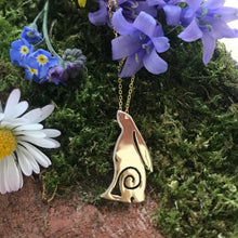 Load image into Gallery viewer, 10 Carat Gold Irish Hare Pendant, Lucky Rabbit Necklace, Solid Gold Pendant, Easter Gift, Year of the Rabbit, Cottagecore Pendant, Moon Rabbit, Golden Hare
