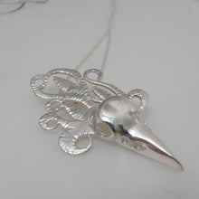 Load image into Gallery viewer, The Morrigan Pendant, Sterling Silver Raven Pendant, Animal Lover Necklace, Solid Silver Bird Skull Pendant, Gothic Jewellery, Irish Warrior Woman, War Goddess Pendant, Silver Crow Skull Talisman