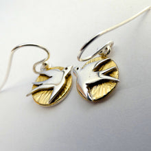 Load image into Gallery viewer, Swallow Earrings, Sterling Silver Bird Earrings with Textured Brass Detail, Gift for Bird Watcher, Nature Jewellery, Summer Jewelry, Talisman Earrings