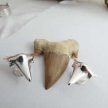 Load image into Gallery viewer, Shark Tooth Cuff Links, Sterling Silver Shark Tooth Cufflinks, Animal Lover Jewellery, Shark Lover Gift, For Him, For Her, Unisex Jewellery, Shark Cufflinks, Surfer Gift, Beach Jewelry, Marine Cuff Links