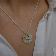Load image into Gallery viewer, Swallow Pendant, Sterling Silver Bird Pendant with Textured Brass Detail, Gift for Bird Watcher, Nature Jewellery, Summer Jewelry, Celtic Amulet