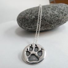 Load image into Gallery viewer, Dog Paw Pendant, Sterling Silver Hound Necklace, Oxidised Silver Paw Print, Silver Wolf Pendant, Dog Lover Gift, Animal Necklace, Warrior Pendant