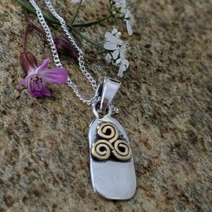 Dainty Standing Stone Brass Triskele Silver Pendant