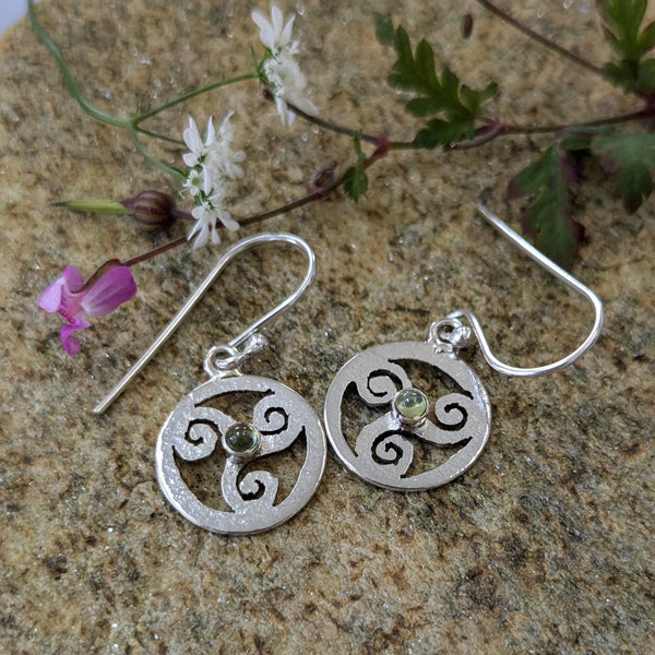 Imbolc Triskele Earrings set with Peridot