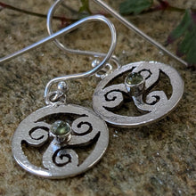 Load image into Gallery viewer, Imbolc Triskele Earrings set with Peridot