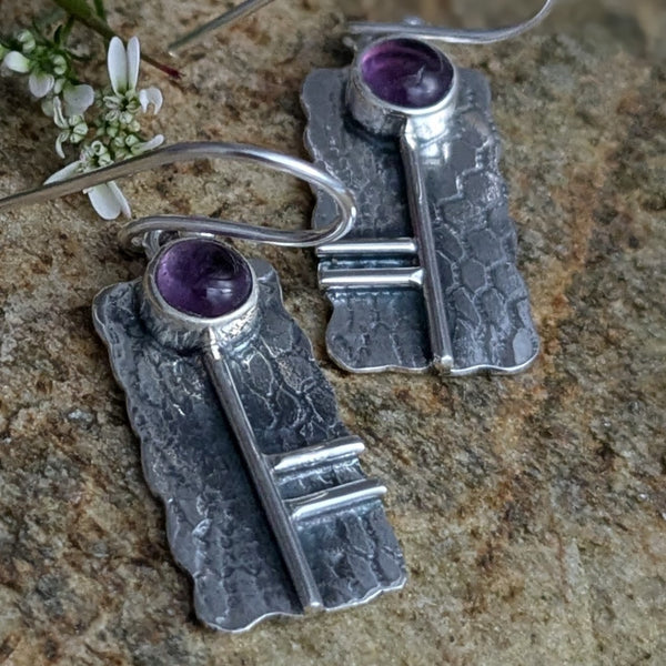 Oak Tree Ogham Earrings set with Amethyst