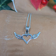 Load image into Gallery viewer, A Light Heart Lives Long Pendant, Sterling Silver Heart with Wings Necklace, Silver Heart Necklace, Quirky Jewellery, Love Necklace, Irish Proverb Necklace, Y2K Jewellery, Flying Heart Necklace