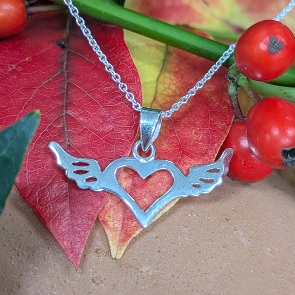 A Light Heart Lives Long Pendant, Sterling Silver Heart with Wings Necklace, Silver Heart Necklace, Quirky Jewellery, Love Necklace, Irish Proverb Necklace, Y2K Jewellery, Flying Heart Necklace