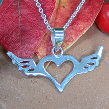 Load image into Gallery viewer, A Light Heart Lives Long Pendant, Sterling Silver Heart with Wings Necklace, Silver Heart Necklace, Quirky Jewellery, Love Necklace, Irish Proverb Necklace, Y2K Jewellery, Flying Heart Necklace