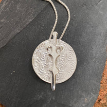 Load image into Gallery viewer, Freagarach Mananann Mac Lir Pendant, Sterling Silver, Textured Silver Necklace, Celtic Sea God Jewelry, Decorative Sword Pendant, Ceremonial Weapon Necklace
