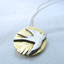 Load image into Gallery viewer, Swallow Pendant, Sterling Silver Bird Pendant with Textured Brass Detail, Gift for Bird Watcher, Nature Jewellery, Summer Jewelry, Celtic Amulet