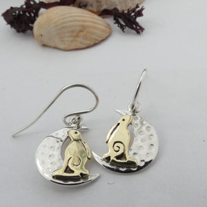 Wild, Irish Hare and the Moon Earrings, Sterling Silver Moon Earrings with Brass Hare Detail, Silver Rabbit Earrings, Lunar Earrings, Animal Earrings, Gardener Gift, Celtic Mythology Jewelry