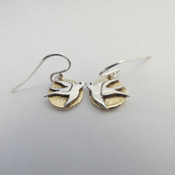 Swallow Earrings, Sterling Silver Bird Earrings with Textured Brass Detail, Gift for Bird Watcher, Nature Jewellery, Summer Jewelry, Talisman Earrings