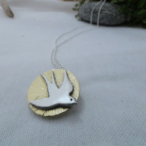 Swallow Pendant, Sterling Silver Bird Pendant with Textured Brass Detail, Gift for Bird Watcher, Nature Jewellery, Summer Jewelry, Celtic Amulet