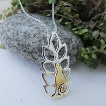 Load image into Gallery viewer, Wild Irish Hare in the Corn Pendant, Sterling Silver and Brass, Good Luck Jewellery, Nature Lover Pendant, Cute Rabbit Jewellery Gift