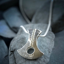 Load image into Gallery viewer, Elf Shot and Flint Pendant, Sterling Silver Pendant, Hammered Silver Axe, Ceremonial Weapon Jewellery, Pagan Pendant, Flint Head, Gaelic Talisman, Celtic Mythology Necklace