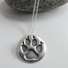 Load image into Gallery viewer, Dog Paw Pendant, Sterling Silver Hound Necklace, Oxidised Silver Paw Print, Silver Wolf Pendant, Dog Lover Gift, Animal Necklace, Warrior Pendant