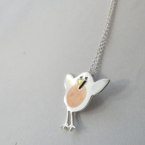 Robin Pendant, Sterling Silver Pendant with Brass and Copper Details, Mixed Metals Jewellery, Animal Pendant, Bird Necklace, Robin Pendant, Nature Necklace, Good Luck Necklace, Bird Watcher Gift