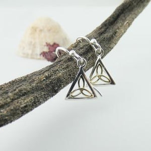 Trinity Knot Earrings, Sterling Silver Earrings with Brass Trinity Knot Details, Geometric Triangle Design, Designed in Ireland, Celtic Knot Jewelry, Celtic Runestone Earrings