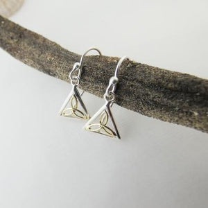 Trinity Knot Earrings, Sterling Silver Earrings with Brass Trinity Knot Details, Geometric Triangle Design, Designed in Ireland, Celtic Knot Jewelry, Celtic Runestone Earrings