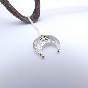 Lunula Pendant, Sterling Silver Crescent Pendant with Brass Detailing, Hammered Silver Moon Necklace, Mixed Metal Jewellery, Torc Pendant, Penanular Brooch Design, Traditional Celtic Jewelry