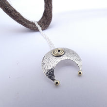 Load image into Gallery viewer, Lunula Pendant, Sterling Silver Crescent Pendant with Brass Detailing, Hammered Silver Moon Necklace, Mixed Metal Jewellery, Torc Pendant, Penanular Brooch Design, Traditional Celtic Jewelry