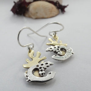 Selkie Seal Earrings, Sterling Silver Earrings with Brass Seaweed Details, Animal Lover Earrings, Silver Seal Earrings, Selkie Mythology, Marine Earrings, Love Jewellery