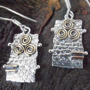 Ogham Earrings, Textured Sterling Silver Earrings, Brass Ogham Detail Earrings, Irish Tree Jewellery, Celtic Spiral Jewelry, Tree of Life Earrings