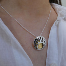 Load image into Gallery viewer, Lughnasa Round Pendant, Sterling Silver Pendant with Brass Detailing, Mixed Metal Necklace, Irish Deity Lugh Pendant, Pagan Light Festival Jewellery, Summer Equinox Jewelry
