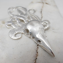 Load image into Gallery viewer, The Morrigan Pendant, Sterling Silver Raven Pendant, Animal Lover Necklace, Solid Silver Bird Skull Pendant, Gothic Jewellery, Irish Warrior Woman, War Goddess Pendant, Silver Crow Skull Talisman