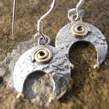 Load image into Gallery viewer, Lunula Earrings, Sterling Silver Crescent Earrings with Brass Detailing, Hammered Silver Moon Earrings, Mixed Metal Jewellery, Torc Earrings, Penanular Brooch Design, Traditional Irish Jewelry