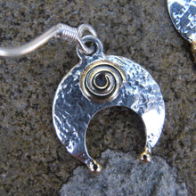 Load image into Gallery viewer, Lunula Earrings, Sterling Silver Crescent Earrings with Brass Detailing, Hammered Silver Moon Earrings, Mixed Metal Jewellery, Torc Earrings, Penanular Brooch Design, Traditional Irish Jewelry