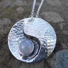 Load image into Gallery viewer, Moonstone Pendant, Textured Sterling Silver Pendant set with Moonstone, Elemental Pendant, Silver Moon Necklace, Moon Phases Jewellery, Light and Dark Pendant