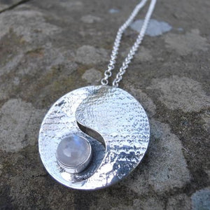 Moonstone Pendant, Textured Sterling Silver Pendant set with Moonstone, Elemental Pendant, Silver Moon Necklace, Moon Phases Jewellery, Light and Dark Pendant