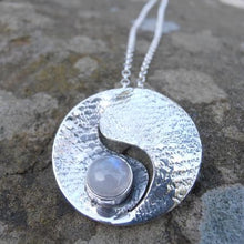 Load image into Gallery viewer, Moonstone Pendant, Textured Sterling Silver Pendant set with Moonstone, Elemental Pendant, Silver Moon Necklace, Moon Phases Jewellery, Light and Dark Pendant