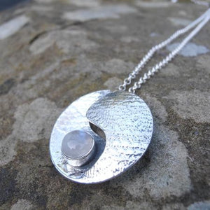 Moonstone Pendant, Textured Sterling Silver Pendant set with Moonstone, Elemental Pendant, Silver Moon Necklace, Moon Phases Jewellery, Light and Dark Pendant