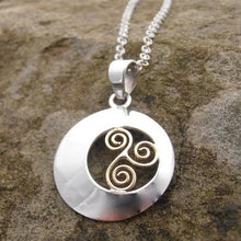 Load image into Gallery viewer, Spiral Offset Pendant, Sterling Silver Pendant with Brass Spiral Detail, Celtic Knotwork Pendant, Trinity Knot Necklace, Irish Runestone Jewelry, Pagan Pendant