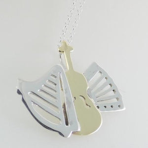 Music Sessions Pendant, Instruments Jewellery, SilverHarp Pendant, Accordion Pendant, Brass Fiddle Pendant, Violin Necklace, Musician Jewelry Gift