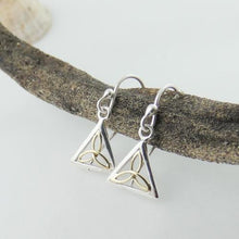 Load image into Gallery viewer, Trinity Knot Earrings, Sterling Silver Earrings with Brass Trinity Knot Details, Geometric Triangle Design, Designed in Ireland, Celtic Knot Jewelry, Celtic Runestone Earrings