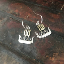 Load image into Gallery viewer, Viking Boat Earrings, Sterling Silver Earrings set with Iolite, Viking Compass Jewellery, Ship Earrings, Nautical Earrings, Sea Voyage Jewelry, Boat Lover Gift, Sailor Gift, Nordic Earrings