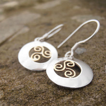 Load image into Gallery viewer, Spiral Offset Earrings, Sterling Silver Earrings with Brass Spiral Detail, Celtic Knotwork Earrings, Trinity Knot Jewellery, Irish Runestone Jewelry, Pagan Earrings
