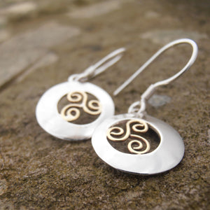 Spiral Offset Earrings, Sterling Silver Earrings with Brass Spiral Detail, Celtic Knotwork Earrings, Trinity Knot Jewellery, Irish Runestone Jewelry, Pagan Earrings