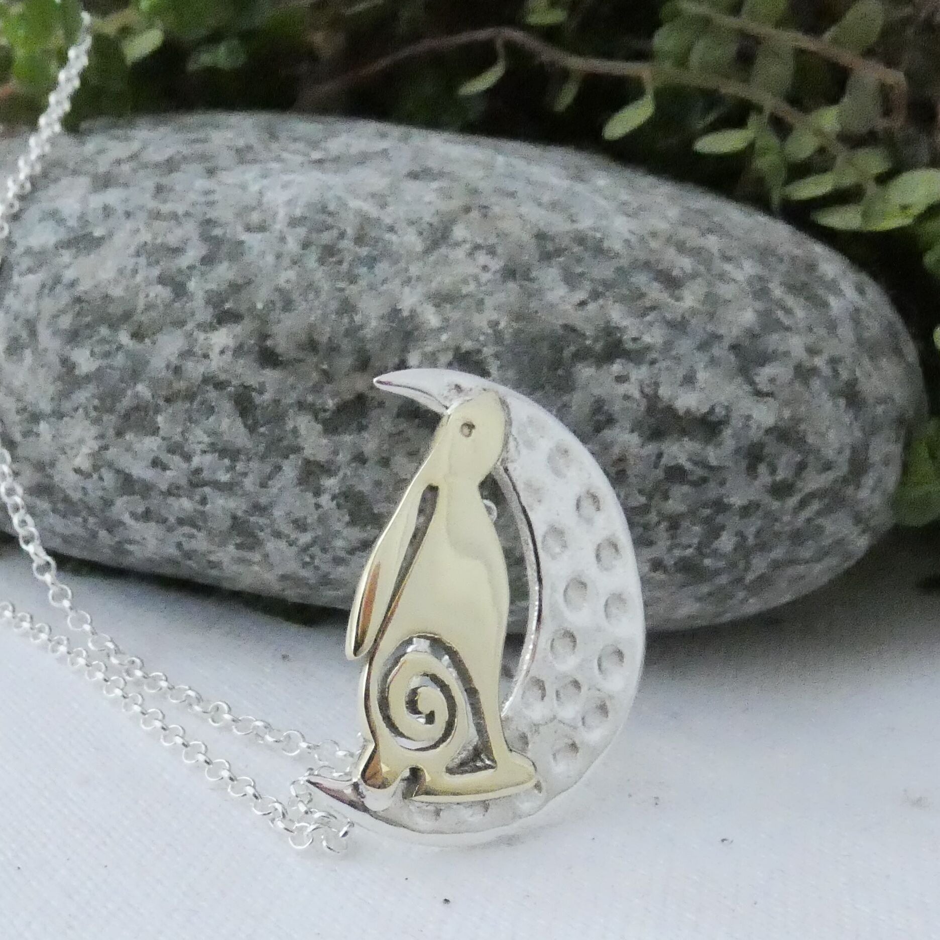 Hare and the Moon Pendant, Sterling Silver, Handmade Banshee