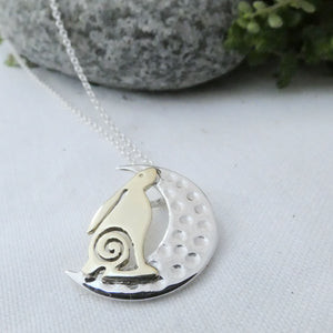 Wild, Irish Hare and the Moon Pendant, Sterling Silver Moon Pendant with Brass Hare Detail, Silver Rabbit Necklace, Moon Pendant, Animal Lover Gift, Gardener Pendant, Celtic Mythology Jewelry